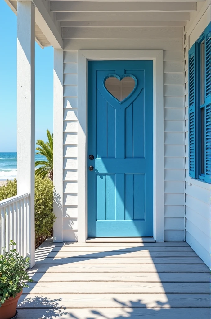 beach house, The wooden wrap around porch had been painted white with blue doors and windows. There were decorative shutters over the windows with a small heart cut out of the middle.