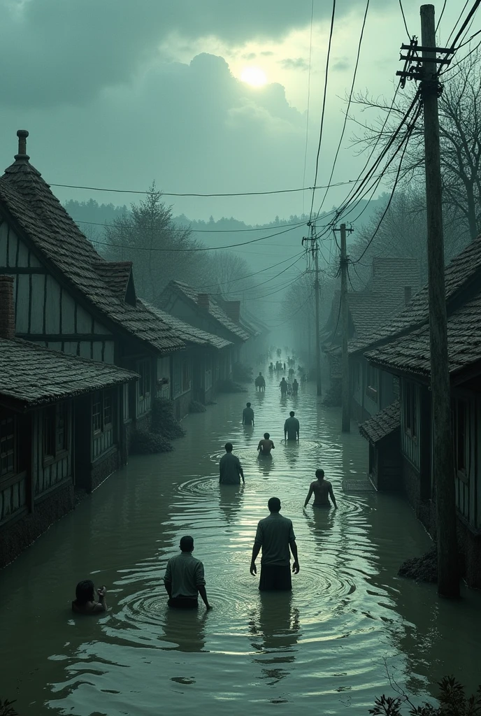 **The Flood**: Depict the village affected by the flood, with water rising and villagers looking worried.
