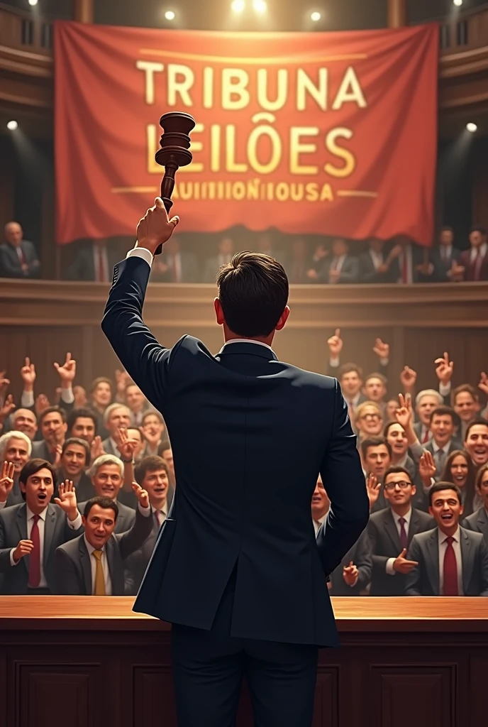 An auctioneer in a suit and tie, standing backwards, with a judge's gavel held high, with a crowd with their hands raised, and a banner in Portuguese written Tribuna Leiloes
