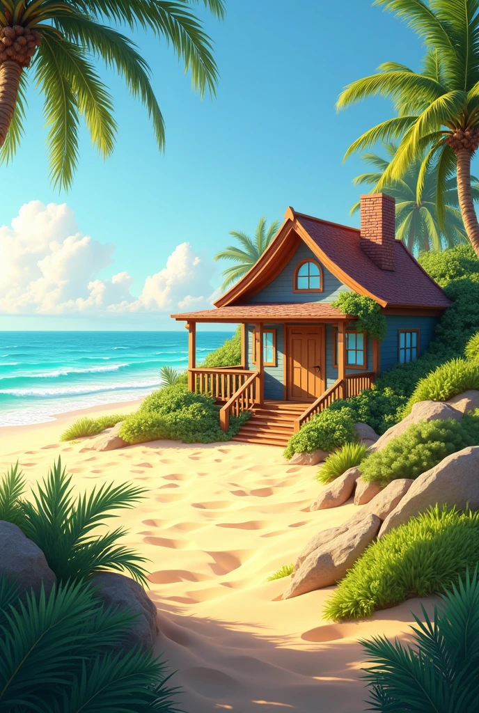 A cozy small holiday house by the beach on a sunny and warm summer day. The scene includes a clear blue sky, golden sand, and the ocean in the background