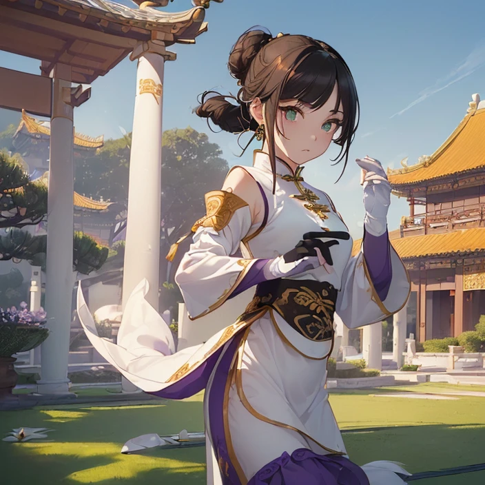 (masterpiece), (best high quality image), (very good detailed image), (very good detailed character), (simple background), (very detailed textures), (carefully detailed and textures, character alone), (full body)
{{((1character:40 years old chinese princess:((chinese shape eyes), (green eyes with black pupils), (brown short long Hair tied on a tail), (2 white lotuses at the left and right of head), (pale-yellow skin), (closed mouth), (calm expression)),((chinese royal clothing), (purple chinese dress), (purple gloves), (white sleeves), (purple skirt), (purple long boots)),((long chinese sword), (black blade)),((elegant combat pose)),((simple chinese garden yard), (blue sky), (two orange trees)))}}