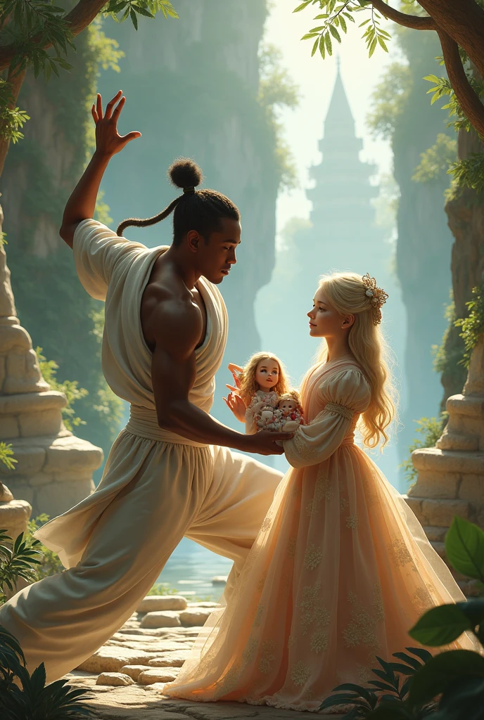 In an enchanted kingdom a young black man fighting martial arts and a little blonde princess playing with dolls.