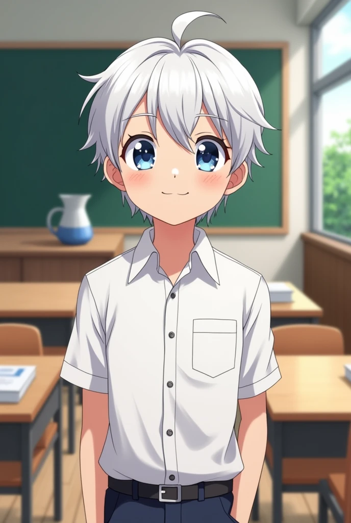Make a handsome boy with short white hair, with blue eyes , smiling, wearing a white shirt, set in class. With anime pictures