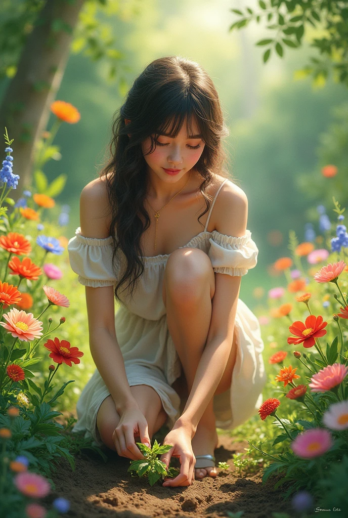 A serene 23-year-old woman with brown hair and brown eyes, sitting or lying in a colorful flower meadow, stretching her arms to the sides and enjoying the moment. She is wearing a romantic pastel-colored summer dress with flowers in her hair. The background is a vibrant flower meadow or botanical garden. Photorealistic, high resolution, with bright, natural outdoor lighting. best quality, intricate details, highly detailed, sharp focus, detailed skin, Realistic skin texture, texture, detailed eyes, professional, shot on Canon, 85mm, shallow depth of field, Kodak Vision Colors, perfectly shaped body, extremely detailed, photo_\(ultra\), photoRealistic, Realistic, Post-processing, maximum detail, roughness, Real life, ultra Realistic, photorealism, photography, 8k hd, photography