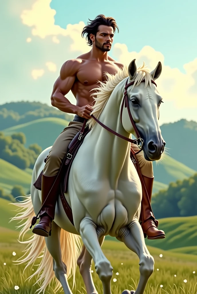 Young man riding a white horse without a shirt