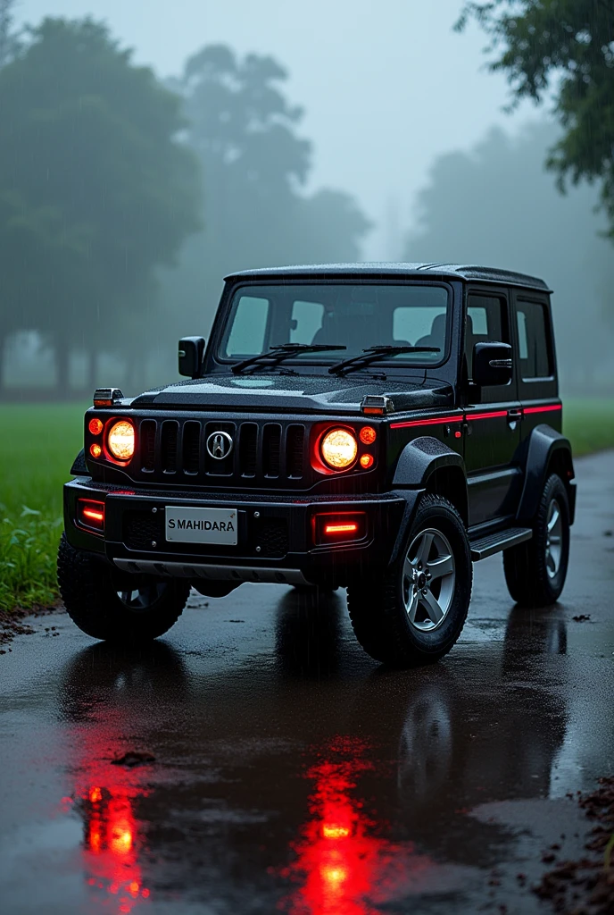 Mahindra scorpio classic s11 of india in black with neon lights chrome alloys in rainy day with farm background and closeup