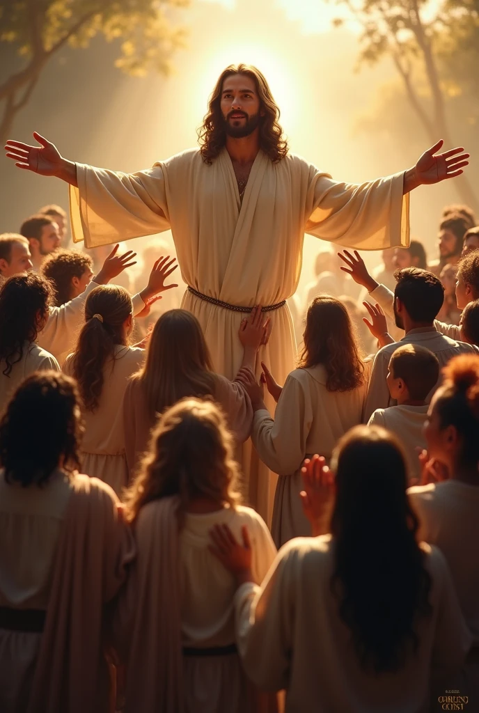"Create a deeply moving image of Jesus embracing His faithful followers to represent the love of God. Depict Jesus with open arms, surrounded by a diverse group of people from various backgrounds and ages, all reaching out to Him or being gently embraced. The scene should radiate warmth and compassion, with a divine light softly enveloping Jesus and the individuals. Use a peaceful and uplifting setting, such as a serene outdoor scene with a soft, golden light or a comforting indoor space with a gentle glow. Jesus should be portrayed with a loving and serene expression, symbolizing His boundless love and acceptance. Incorporate subtle elements like glowing halos or a radiant aura to highlight the divine presence and the profound impact of God's love."
