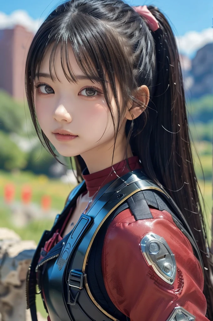 A futuristic warrior girl is deformed in a Nendoroid style.、Very well made。Wearing red and black armor、Long black hair with pink mesh。Equipped with a cyber helmet and a robot suit、He is depicted standing on a rocky mountain with a huge sword on his back.。The blue sky spreads out in the background、Features shiny metal surface finish and fine parts。