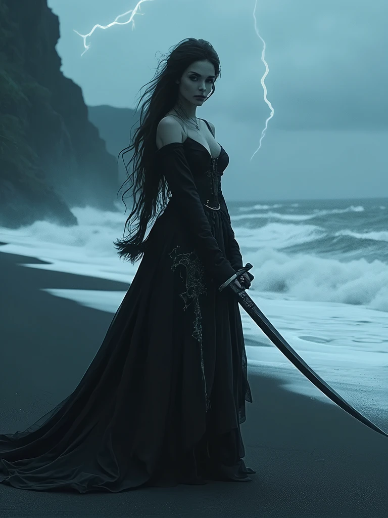 (Masterpiece.UHD.photorealistic..) (full body shot) an ultra hot gorgeous European woman. Age 23. Gorgeous face. Epic cleavage. Huge breast. (100 E size). (Random wavy hair color). She’s a dark horrific (spectral) ghost pirate captain. Evil look. Ethereal face. Burning eyes. Pirate short sword. Intricate details.on a black sand beach. Cliffs on left side of the picture. Stormy weather.lightning. Strong sea. Waves. Dark clouds. low key, dark blurry background