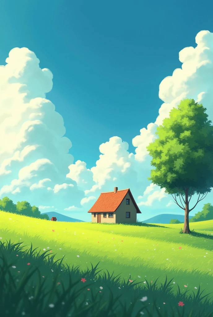 Viral anime nature wallpaper in 4K quality, in the style of digital illustration inspired by Satoshi Kon, A picturesque landscape with a small house in a grassy field. The sky is filled with fluffy white clouds, and there is a tall, green tree on the right side of the image. The whole scene is bathed in a warm, golden light. The image evokes a sense of peace and tranquility. The house is a symbol of home and comfort, and the clouds represent the vastness of the sky and the endless possibilities of life. The green tree is a sign of life and growth. The warm light of the sun represents hope and optimism. Overall, the image is a beautiful and inspiring vision of a peaceful and serene world.