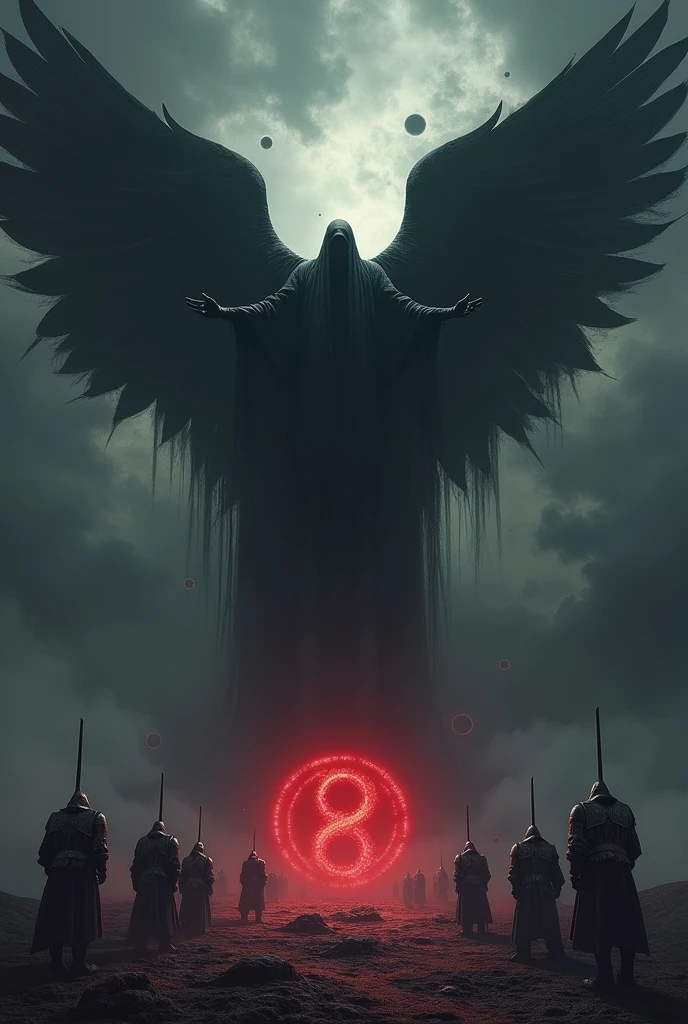 Open space with black clouds and small black holes with a completely black angel with open arms and in the middle the infinity symbol glowing red and surrounding the angel several knights in armor with their swords stuck in the ground