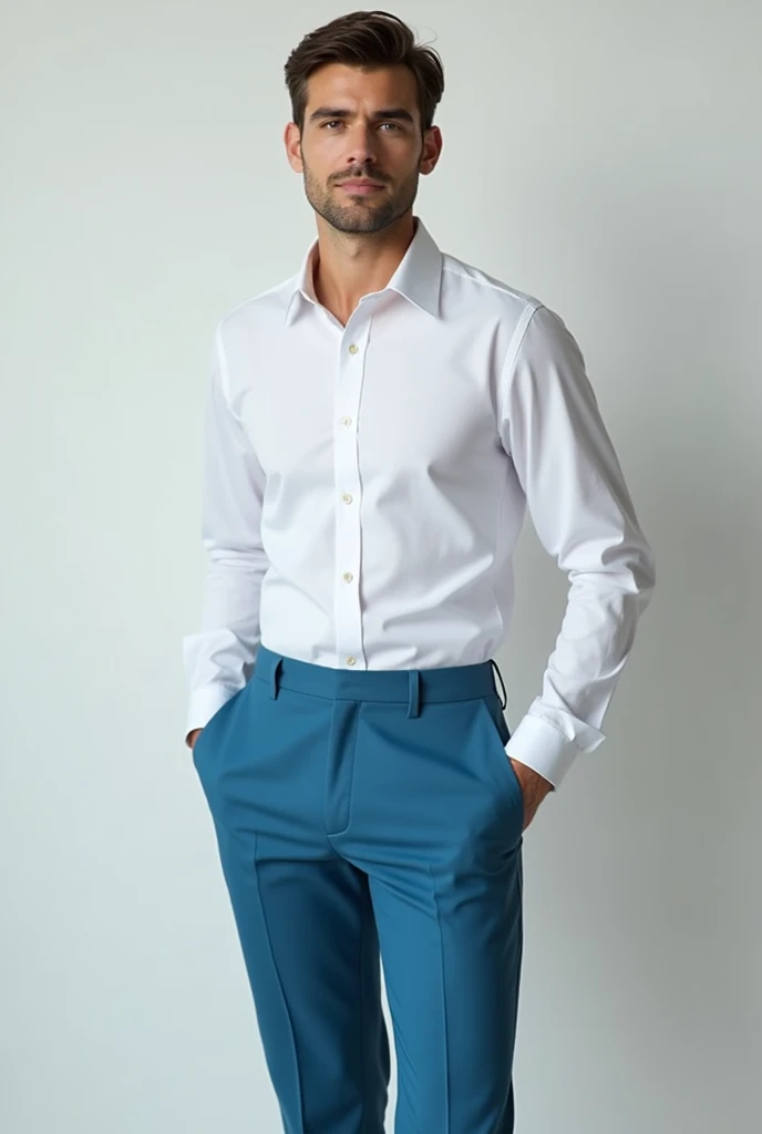 Men&#39;s executive uniform with comfortable yet elegant white shirt and high-waisted cyan blue dress pants 
