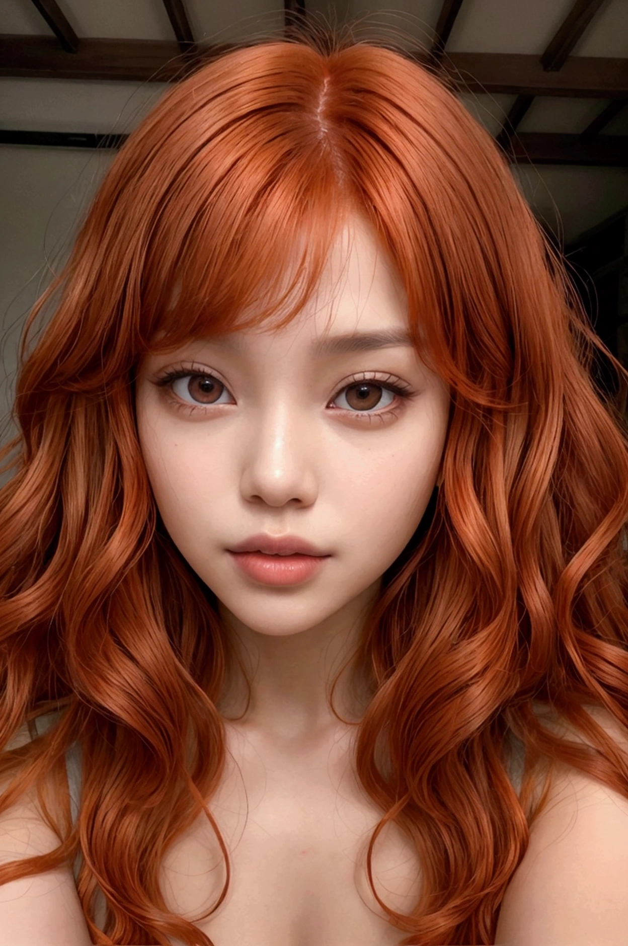 Flawless waist-length curly hair with sleek roots, intense orange copper red hair, see through bangs, Front image, brown skin 