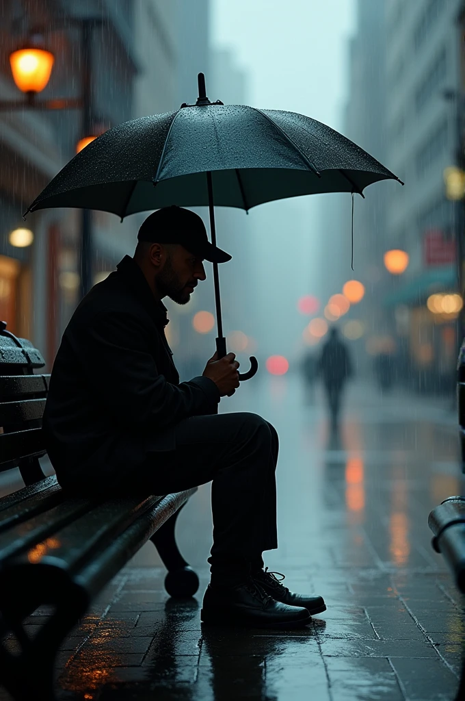 A man sitting on a bench in the street, in the rain holding an umbrella, with cap looking down