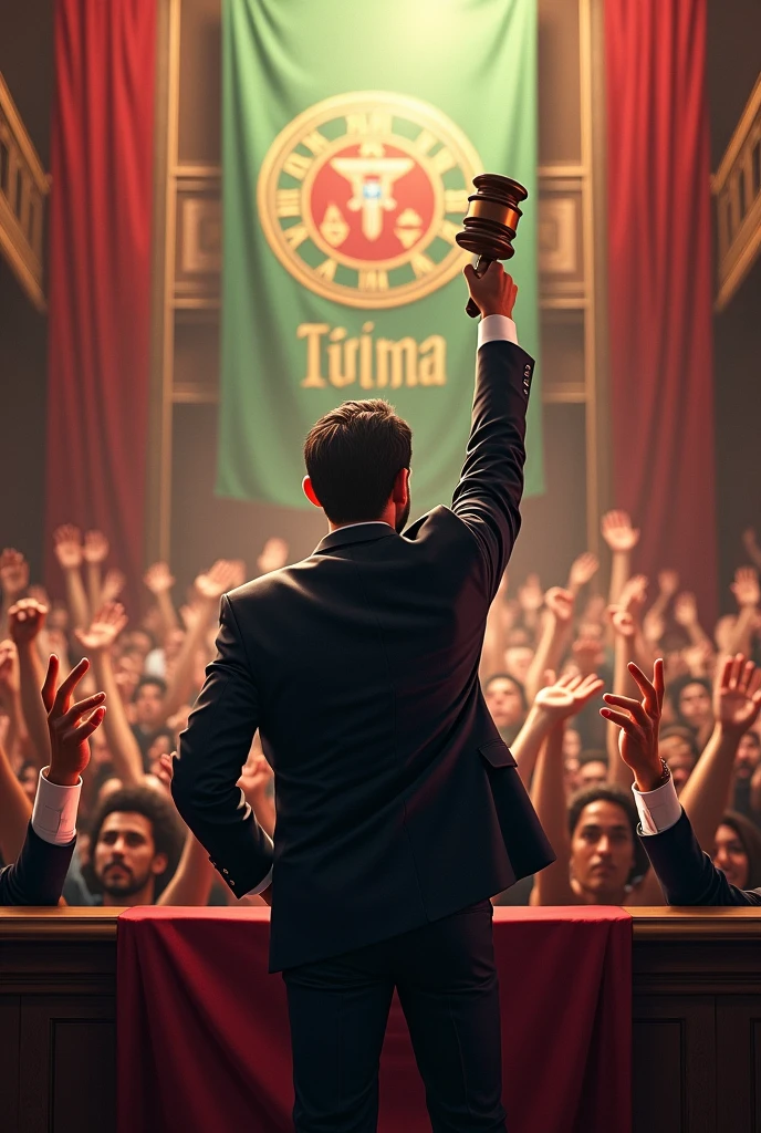 An auctioneer in a suit and tie, standing backwards, with a judge's gavel held high, with a crowd with their hands raised, and a banner in Portuguese written Tribuna Leilões