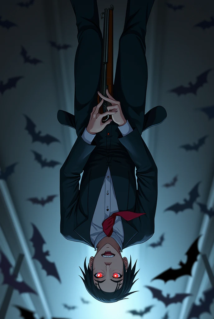 vampyre, using suit, fully body, anime drawing style, shooting with a musket, Upside down, with bats around, nicely designed face, anime vampire face, aiming with a musket, Hanging from the ceiling, another drawing style