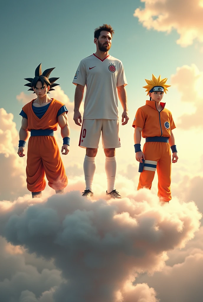 An image where Messi is on the flying cloud and Goku and Naruto on the sides 
