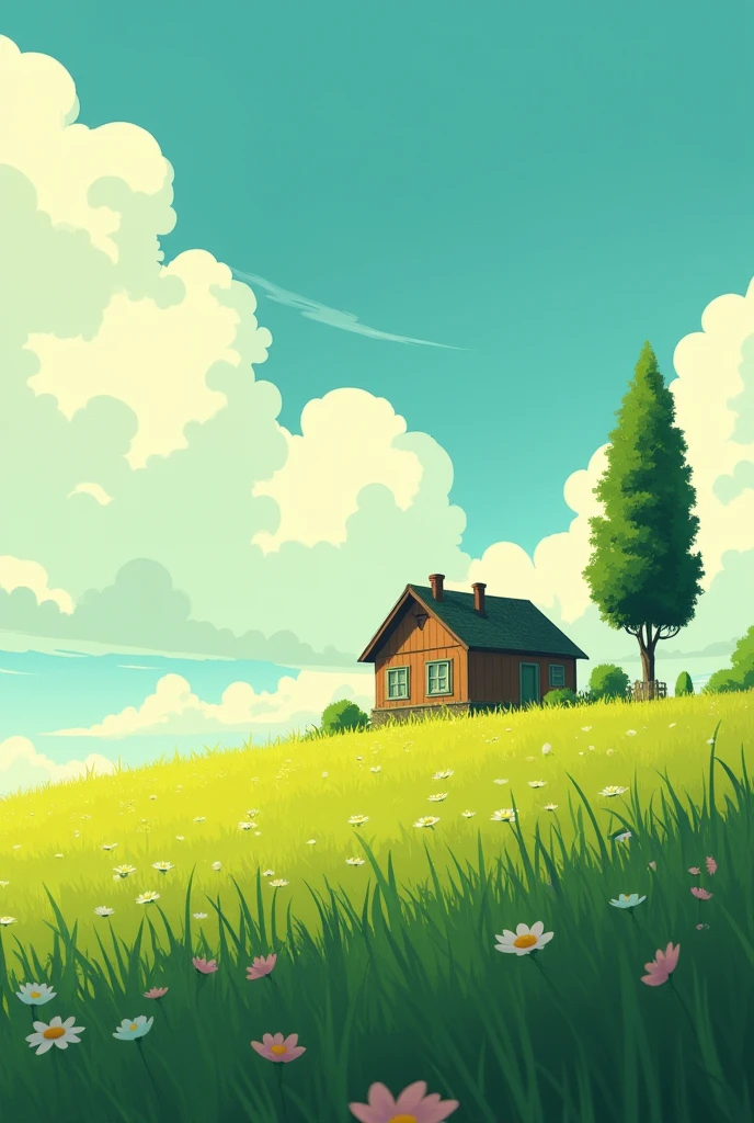 Viral anime nature wallpaper in 4K quality, in the style of digital illustration inspired by Satoshi Kon, A picturesque landscape with a small house in a grassy field. The sky is filled with fluffy white clouds, and there is a tall, green tree on the right side of the image. The whole scene is bathed in a warm, golden light. The image evokes a sense of peace and tranquility. The house is a symbol of home and comfort, and the clouds represent the vastness of the sky and the endless possibilities of life. The green tree is a sign of life and growth. The warm light of the sun represents hope and optimism. Overall, the image is a beautiful and inspiring vision of a peaceful and serene world.