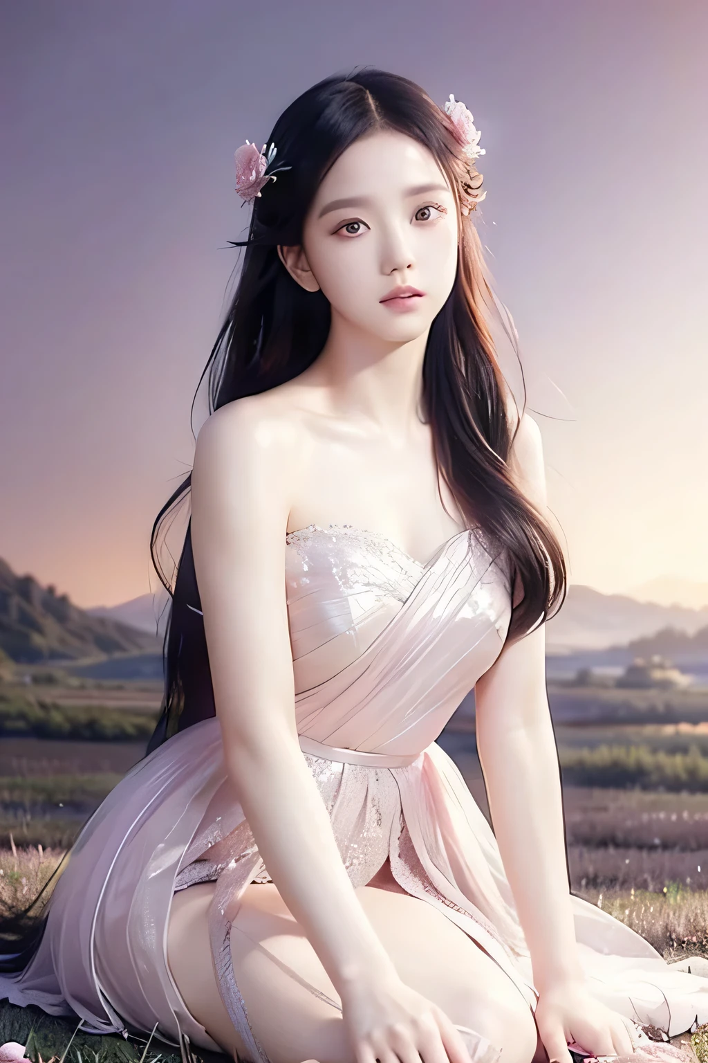 Jisoo, fairyvore, tutu dress, long hair, beautiful detailed eyes, beautiful detailed lips, extremely detailed face, longeyelashes, elegant pose, dramatic lighting, cinematic, chiaroscuro, dramatic shadows, pink hour, atmospheric, photorealistic, 8k, best quality, masterpiece, meadow background