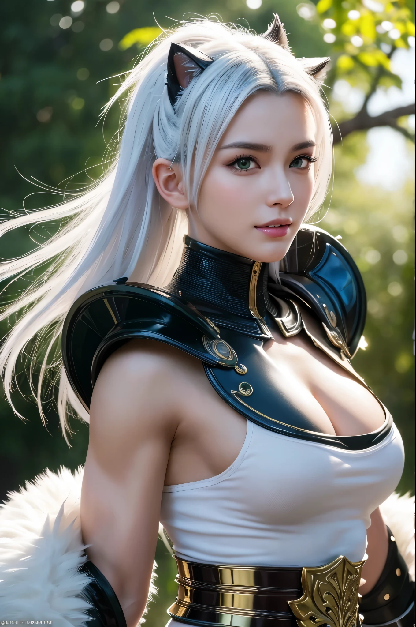 8k,Magnificent Fangs,white mohawk hair,A close-up of a girl wearing a white cat ear costume(Like the real thing) ,Muscular macho body,Gorgeous green and black armor,white mohawk hair,Lavish decoration,Green Eyes,Ultra-Realistic Skin,Fangs are visible from the mouth,Portrait of a Knight, ig model | ArtJam, Very detailed artgerm, Fan Art Best Art Station, 2. 5d cgi animation,Gorgeous Mature Paladin, Detailed digital anime art, Alexandra Fomina Art Station, ArtJam ; 3d unreal engine５,Ultra-high resolution,A kind smile,Strong,Highest quality photorealistic RAW photos。Backlight、Cinema Lighting、Film Grain、50mm lens、Nikon D850、Ultra-Realistic Skin、Fantasy art、Character Art、Ultra-high resolution、muscular and slim body、Ultra-Realistic Skin、Super Muscular Beauty,Clenching his fist and striking a dynamic pose,Showing cleavage,Super Muscular Beauty,Female bodybuilder body types,Very large breasts,Karate stance(Martial Arts),