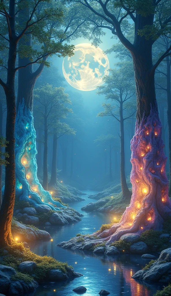 Imaginez une forêt où chaque arbre est sculpté dans du cristal pur, brillant d'une lumière intérieure douce. Les troncs scintillent en nuances de bleu, vert, et violet, tandis que les feuilles en forme de joyaux captent les rayons d'une lune gigantesque, changeant de couleur au fil de la nuit. Le sol est couvert d'un tapis de mousse argentée qui émet une lueur douce, et des lucioles dorées dansent dans l'air, créant un ballet lumineux autour des troncs. Au centre de la forêt, une clairière abrite un lac de mercure où se reflètent des constellations inconnues, donnant l’impression que le ciel et la terre se rencontrent.