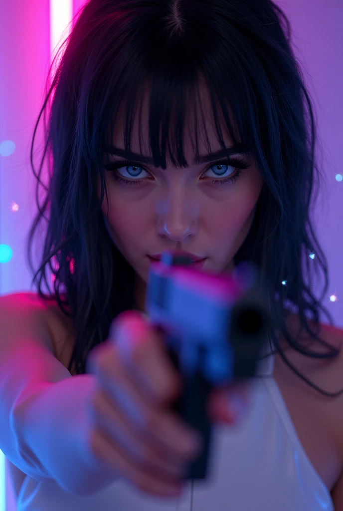 A close-up of a woman's very blue eyes, angry look, linda, black hair,clothing white leather dress, and a gun in his hand in his hand, purple fluorescent light background, dark sparkles