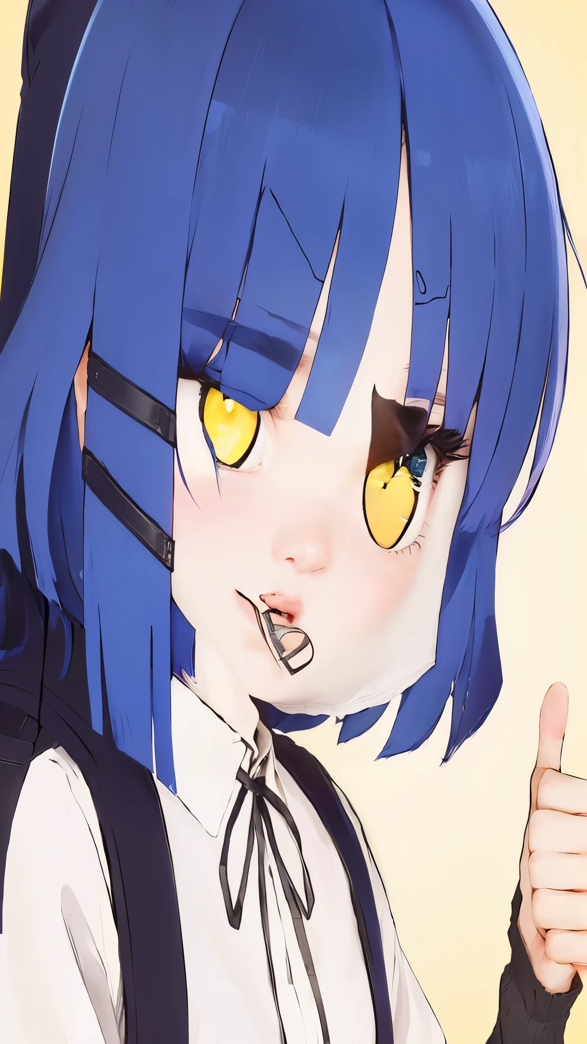  cute girl with blue hair and yellow eyes giving a thumbs up,