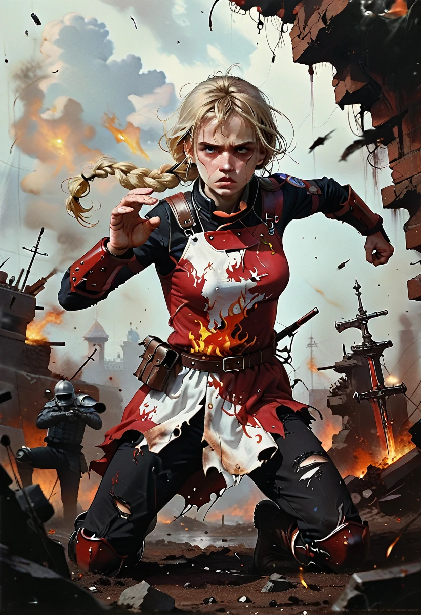 (masterpiece:1.5), (bestquality), (highlydetailed), (ultra-detailed), (1girl:1.2), (full body:1.2), (young girl), (blonde hair), (weapon in hand), (war battle scene), (bloody atmosphere), (smoke), (fire), (corpses), (chaotic background), (explosions), (torn clothing), (determined expression), (sweat and dirt), (injured), (dynamic pose), (broken armor), (burnt landscape), (fighting stance), (smoldering debris), (flames:1.3), (battle cries), (sounds of war:1.1)