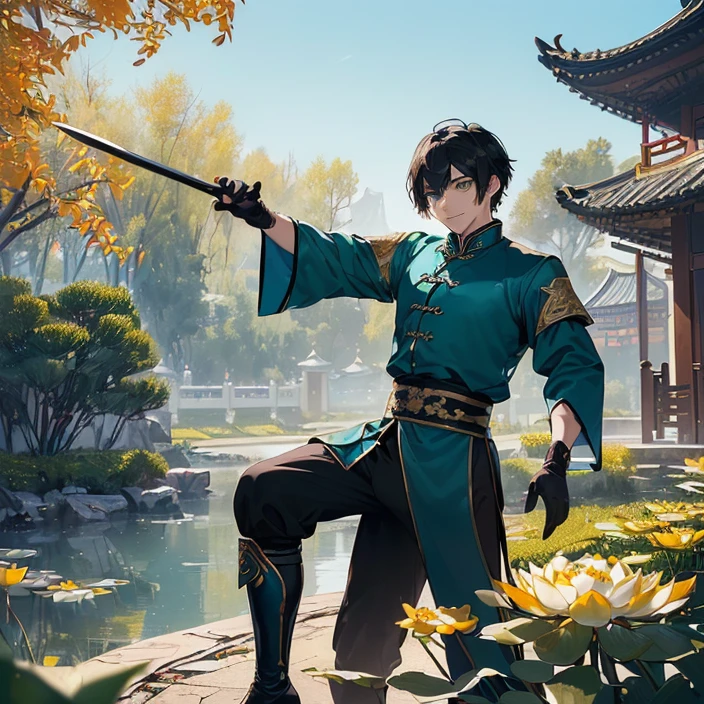 (masterpiece), (best high quality image), (very good detailed image), (very good detailed character), (simple background), (very detailed textures), (carefully detailed and textures), (character alone, solo), (full body), (high fantasy genre)
{{((1character:40 years old chinese prince:((chinese shape eyes), (green eyes with black pupils), (black short Emo Hair), (blue lotus at the left of head), (pale-yellow skin), (closed mouth), (calm smile expression)),((chinese royal clothing), (black chinese shirt), (black gloves), (blue sleeves), (blue pants), (black long boots)),((long chinese sword), (golden blade)),((elegant combat pose)),((simple chinese garden yard), (blue sky), (two orange trees)))}}
