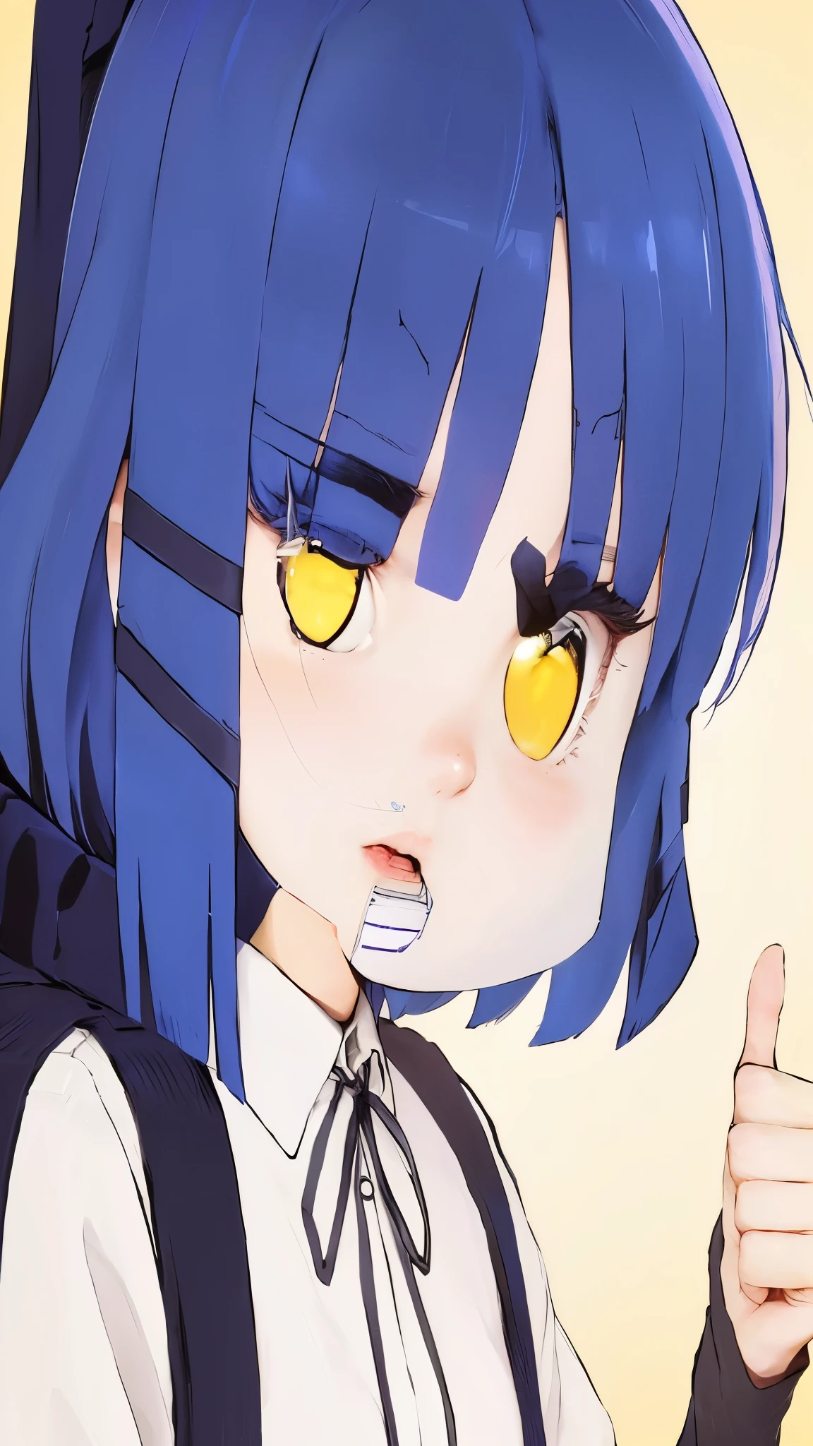 cute girl with blue hair and yellow eyes giving a thumbs up,