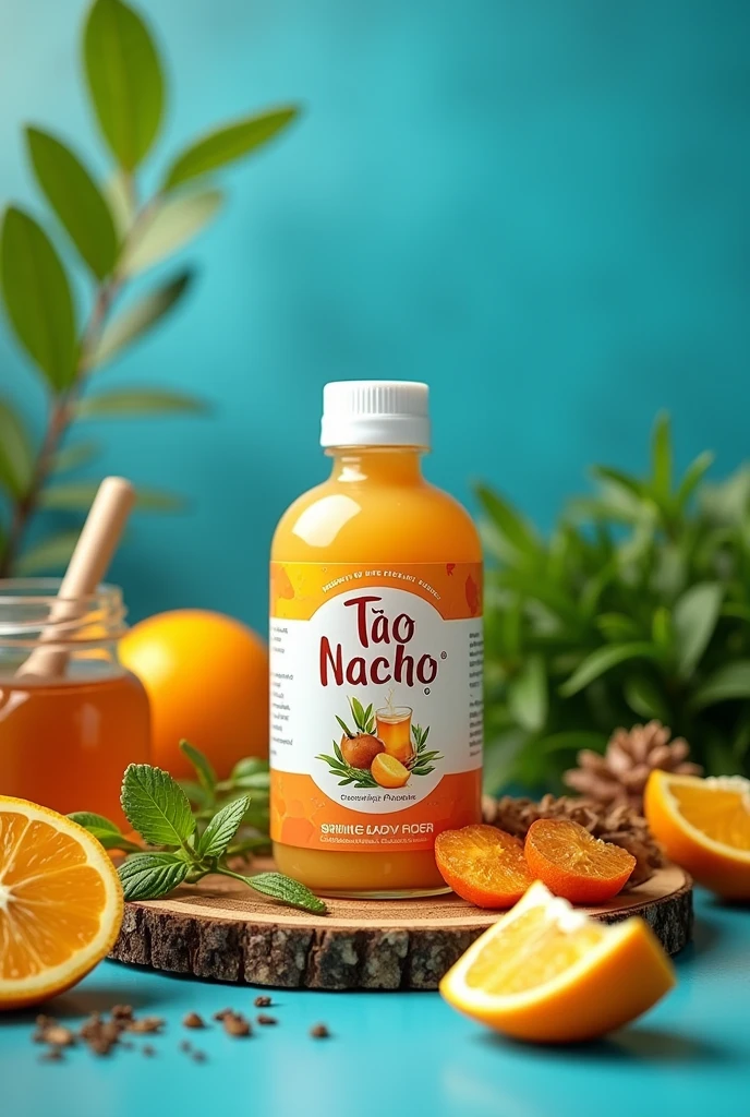 A vibrant and fresh image of the Tío Nacho product, Surrounded by natural ingredients such as honey and other elements that highlight its benefits.
that has main colors like blue and orange 

