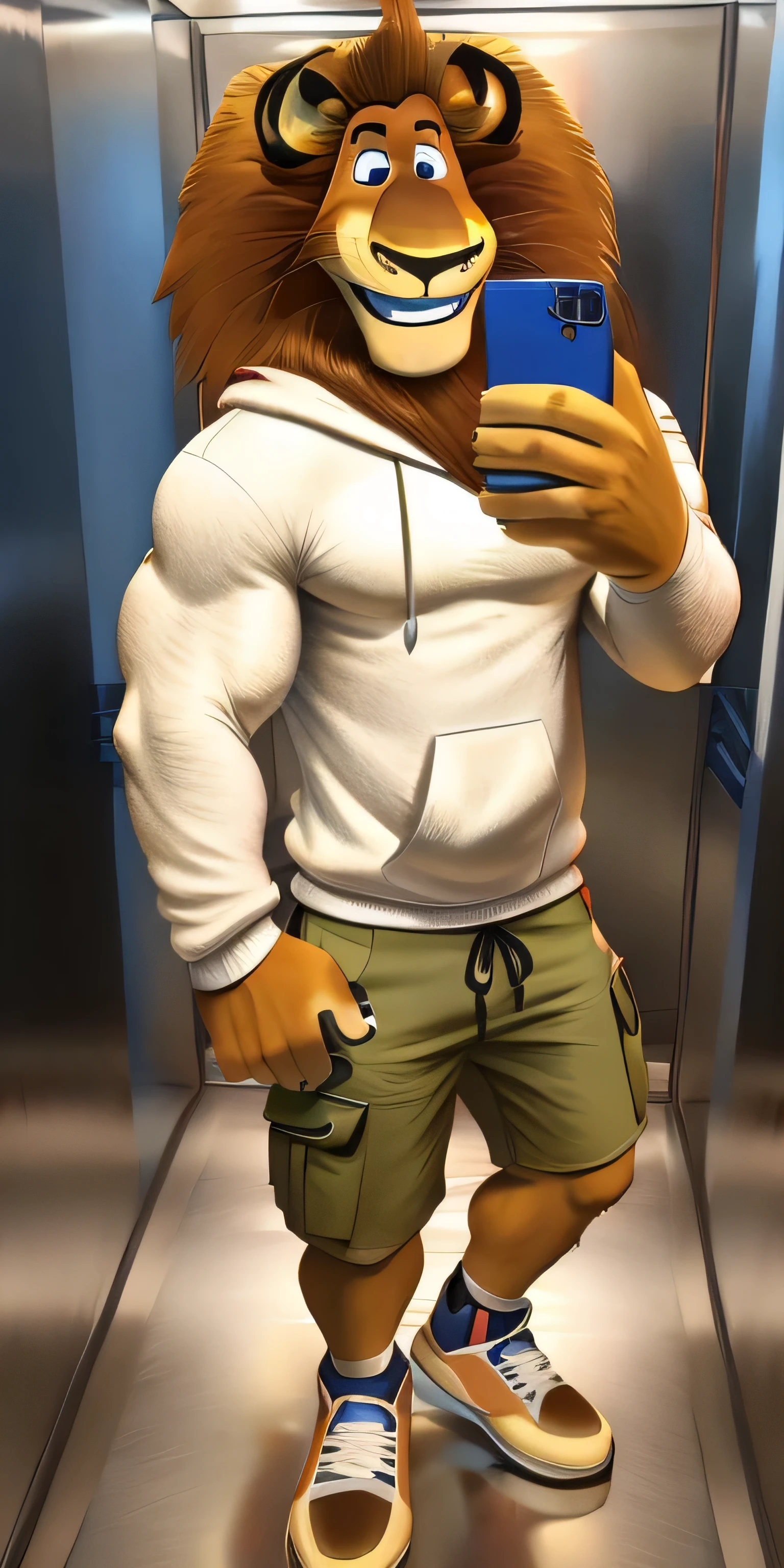 Alex the Lion, muscular body, big biceps, extremely beautiful and cute face, wears white sweatshirt, cargo shorts, sneakers, elevator background, selfie, friendly look, smiling