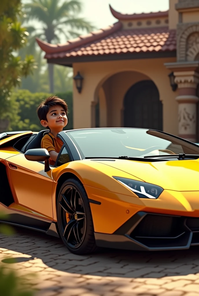 The boy sitting in Lamborghini car
Out side of banglo