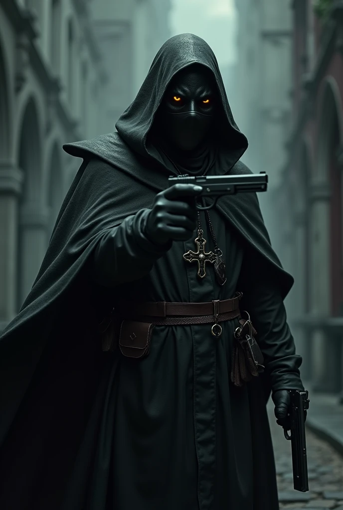 Dark vigilante priest sinister over all leather mask pistol in one hand