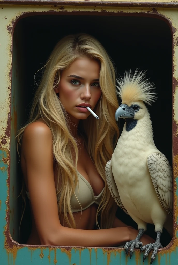 A blonde Brazilian woman, long hair and short , smoking . in a box inside a truck, with your boyfriend who is a bird with a tuft