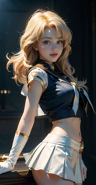 (Highly Detailed CG Unity 8K Wallpaper, masterpiece, Highest quality), (Exquisite lighting and shadows, A very dramatic picture, cinematic lens effects), (Sailor Moon: 1.1), Cute Smile, Double Tail, blue eyes, Blonde, Tight Top, White gloves, mini skirt, Dynamic pose), The background is space (Amazing details, Excellent lighting, Wide-angle), (Excellent rendering, Stand out in the same class),Upper Body