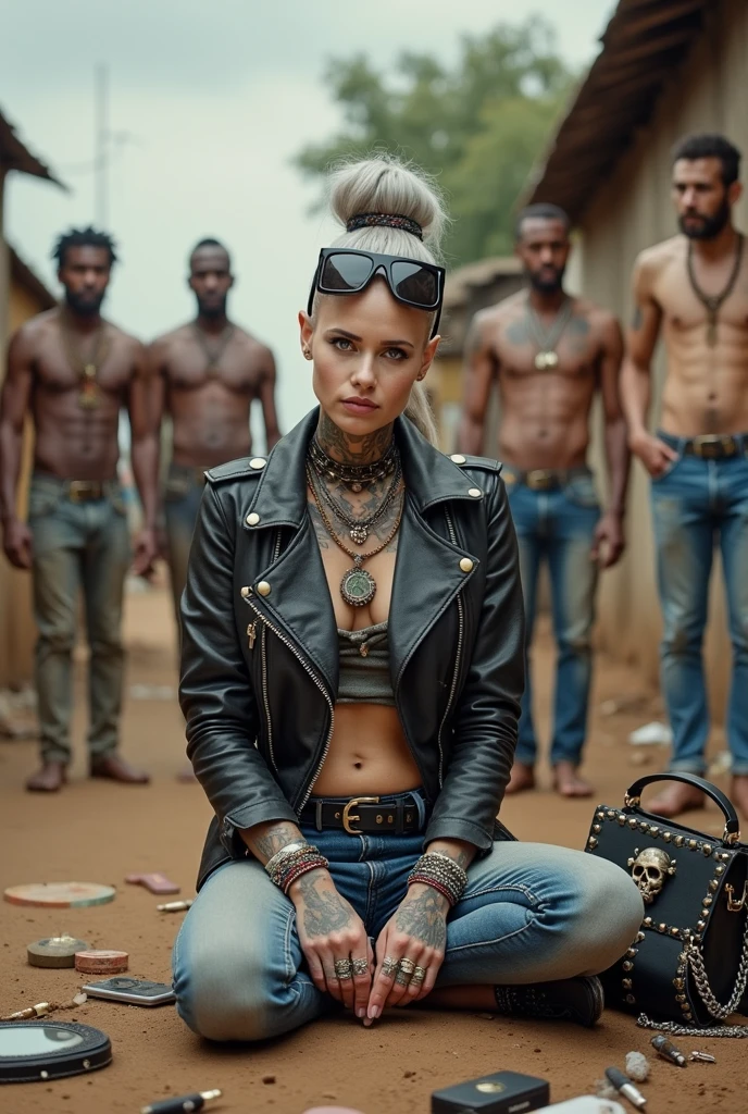 russian milf woman, grey hair (pouf, and top bun and shaved sides) and oversized square maxi sunglasses as headband, with very light blue eyes, extremely pale. Wearing aged black cropped moto jacket with padded shoulders, with lots of zippers and pins; aged dirty tight push up tank top , skinny aged blue jeans and dirty white tennis sneakers. Dirty knees and dusty hands. Lots of metallic bracelets, lots of boho pendants and lots of colourful beads collars. Tacky wide studded leather belt with oversized skull and bones buckle. Long bohemian earrings with colourful feathers. Kneeling like in a payer, looking up, chin up stretching her neck , humble facial expression. Hands on her knees, showing off bracelets and rings. studded black leather tote bag with chains on the floor, next to her.. Listening in amazement to somebody speaking to her, well toned abdominals, thin neck, slim legs and thin arms. Tattoed heavily on chest and hands. Dirt street in Kenian village full of waste. A lot of tanned shirtless fat men in jeans around looking at her. next to her, all her belongings scattered on the floor: makeup kit, little makeup mirror, studded black leather tote bag, lipstick, wallet, moble etc on the floor