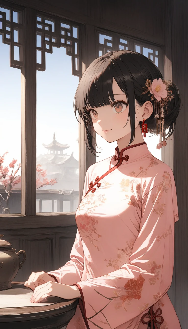 Illustration design, Delicate characters, Windows, table, Brown Hair, Big eyes, Long Chinese Dress, Glowing Skin, , rtrophto1,