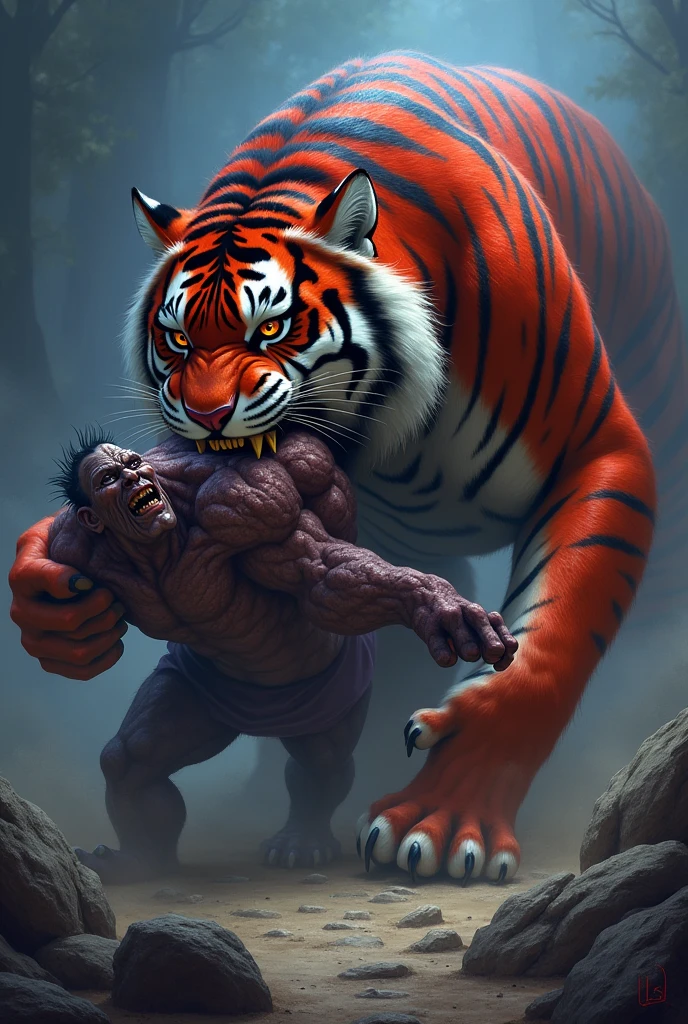 Tiger muscular bodybuilder eating the gorilla muscular bodybuilder and the gorilla lying down with blood in the tiger's mouth.