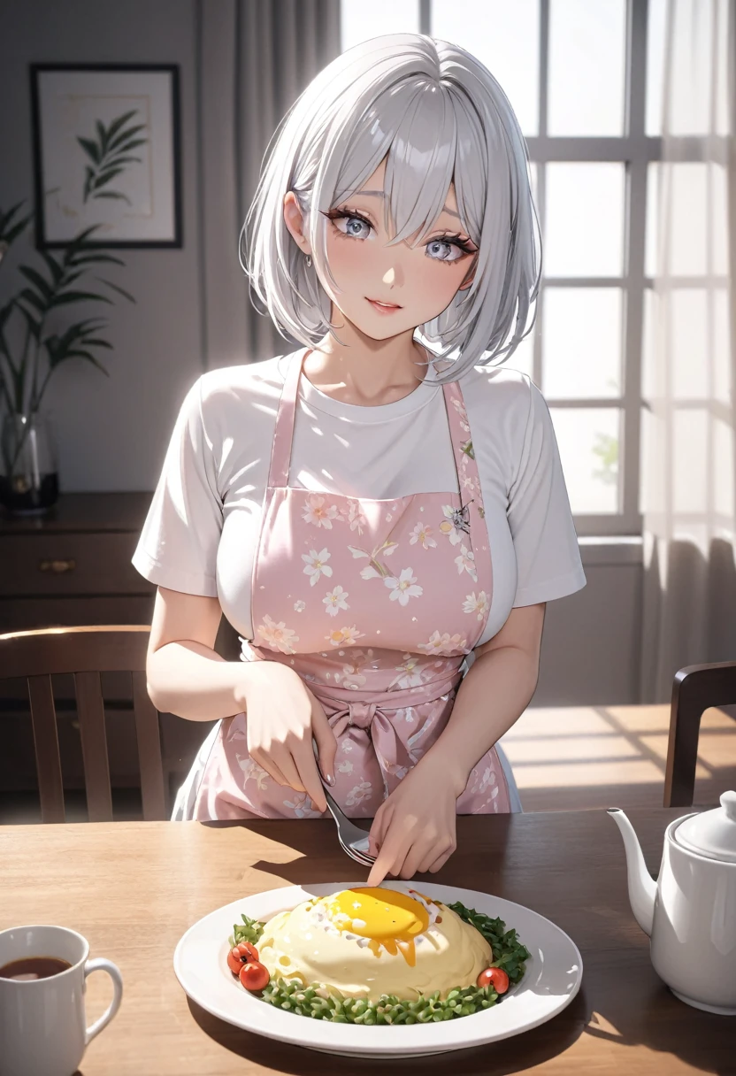 masterpiece, glowing particles, ambient lights, cute, full body detailed, 32K, high details, perfect lighting, perfect anatomy, soft light, BREAK ((shiny silver hair)), bob cut, bang between eyes, beautiful hair), (glossy silver eyes:1.5), (beautiful eyes, twinkle eyes, large eyes, close eyes), BREAK (athlete body, large breasts), cute face, beautiful face, pretty face, beautiful, best quality, good anatomy, long eyelashes, expressive eyes, Perfect Hands, BREAK pink botanical print apron, white shirt, short sleeves, morning, dining room, serve Omelette on dish