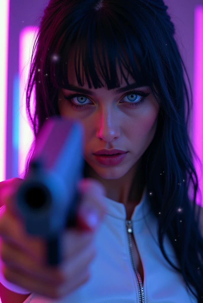 A close-up of a woman&#39;s very blue eyes, angry look, linda, black hair,clothing white leather dress, and a gun in his hand in his hand, purple fluorescent light background, dark sparkles