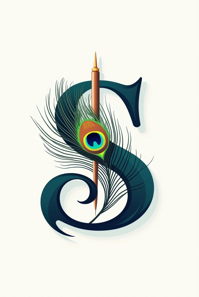 Create a logo from the letter S, with a peacock feather and a pen in the middle