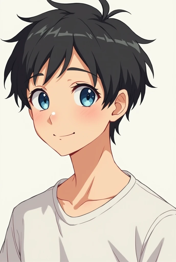 Make a handsome  boy with short hair , with blue eyes , smiling, wearing a white shirt, . With anime pictures
