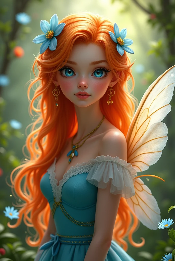 A fairy princess with long fiery orange hair, which is about 20 years old. She has blue eyes and blue-orange wings.