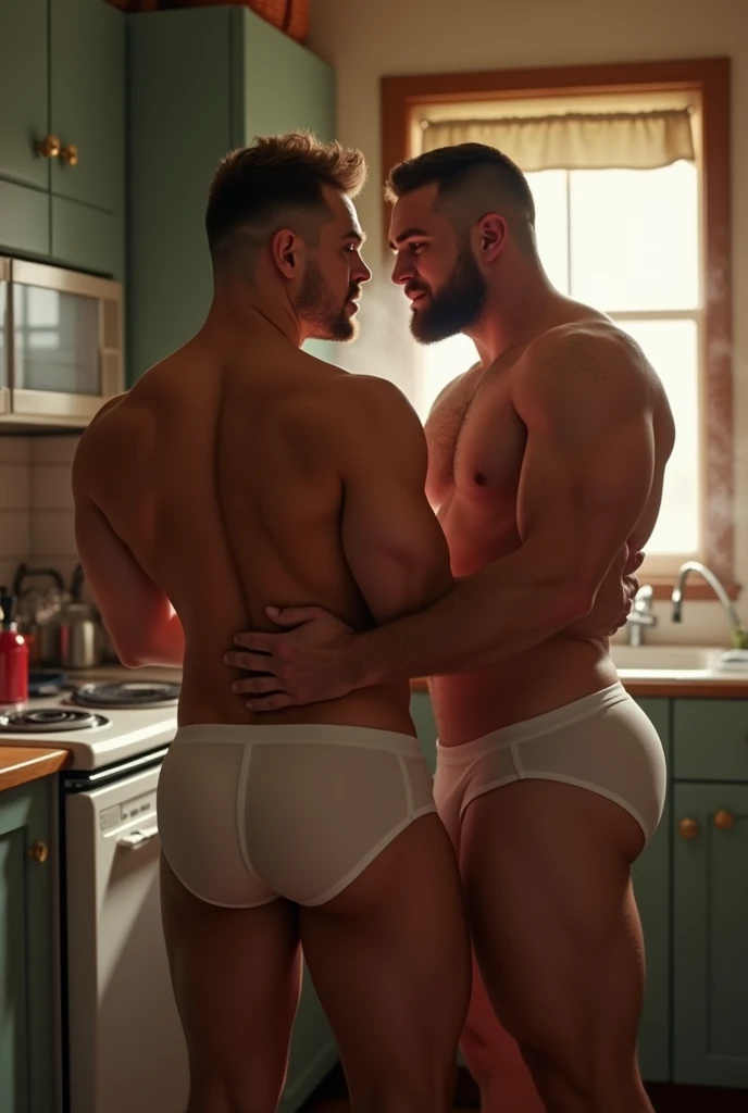 2 men, Photo-realistic. A fit, handsome, 19-year-old, Caucasian man with short, shaved, brown hair, stubble, and blue eyes, wearing white brief underwear, and a tall, muscular, handsome, 24-year-old jock, with brown hair, stubble, and green eyes, wearing blue underwear, standing close together, gazing lovingly at each other, facing each other, pressing their bodies against each other, kissing passionately, on an apartment balcony, at night. (Masculine men, sexy, bulging underwear.)