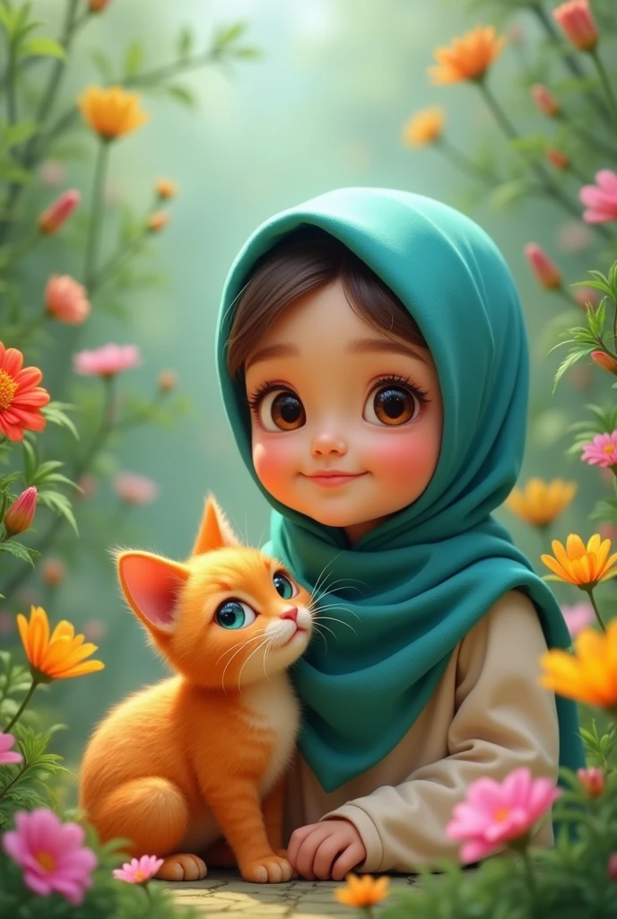 Cute malaysian girl, hijab with no hair shown, cute orange cat, garden flowery background