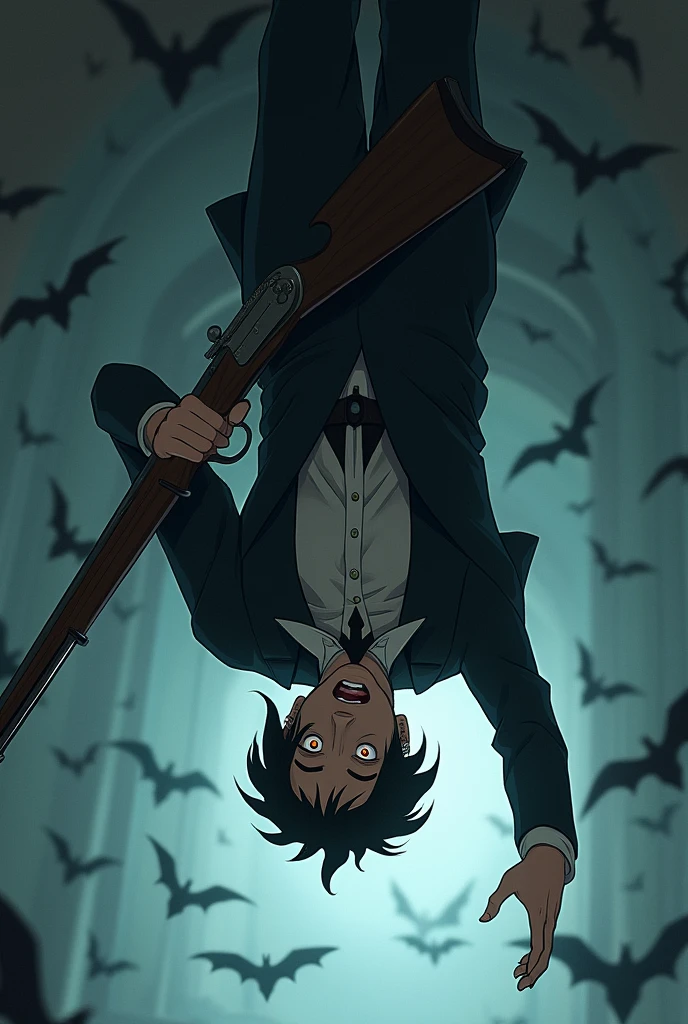 vampyre, using suit, fully body, anime drawing style, shooting with a musket, Upside down, with bats around, nicely designed face, anime vampire face, aiming with a musket