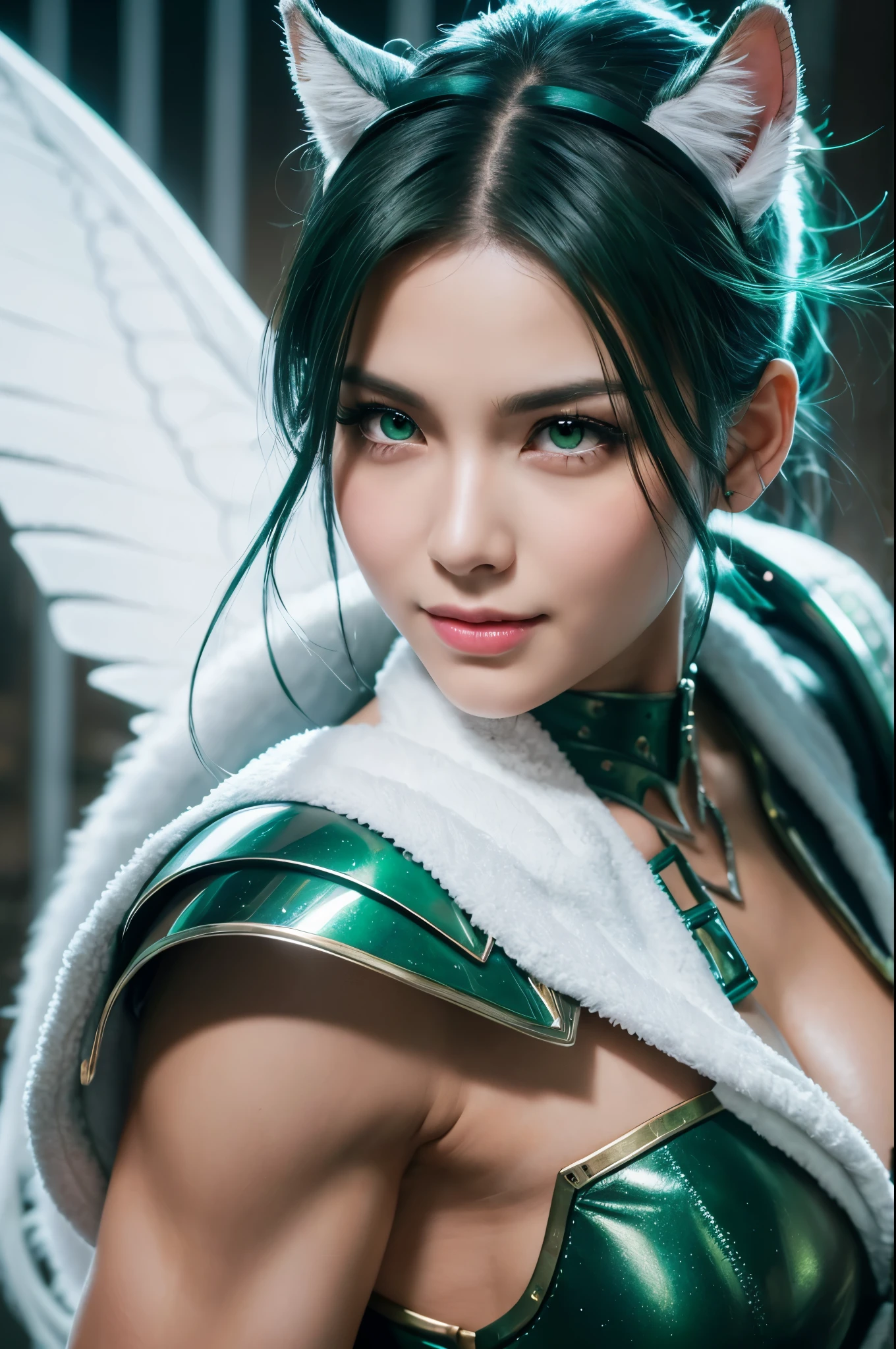 8k,Magnificent Fangs,white mohawk hair,A close-up of a girl wearing a white cat ear costume(Like the real thing) ,Muscular macho body,Gorgeous green and black armor,white mohawk hair,Lavish decoration,Green Eyes,Ultra-Realistic Skin,Fangs are visible from the mouth,Portrait of a Knight, ig model | ArtJam, Very detailed artgerm, Fan Art Best Art Station, 2. 5d cgi animation,Gorgeous Mature Paladin, Detailed digital anime art, Alexandra Fomina Art Station, ArtJam ; 3d unreal engine5,Ultra-high resolution,A kind smile,Strong,Highest quality photorealistic RAW photos。Backlight、Cinema Lighting、Film Grain、50mm lens、Nikon D850、Ultra-Realistic Skin、Fantasy art、Character Art、Ultra-high resolution、muscular and slim body、Ultra-Realistic Skin、Super Muscular Beauty,Clenching his fist and striking a dynamic pose,Showing cleavage,Super Muscular Beauty,Female bodybuilder body types,Very large breasts,Karate stance(Martial Arts),