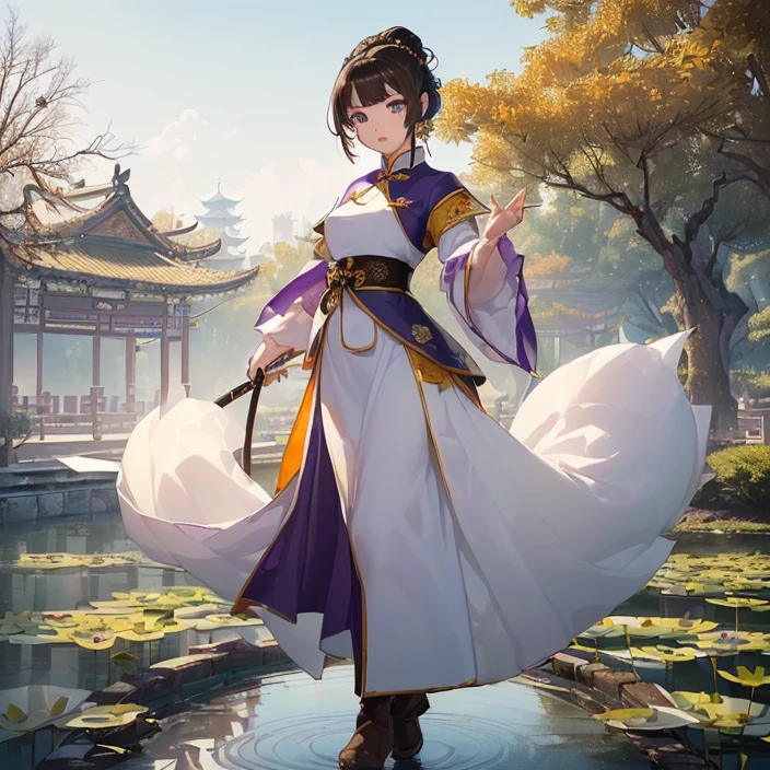 (masterpiece), (best high quality image), (very good detailed image), (very good detailed character), (simple background), (very detailed textures), (carefully detailed and textures), (character alone, solo), (full body), (high fantasy genre,)
{{((1character:40 years old chinese princess:((chinese shape eyes), (green eyes with black pupils), (brown short long Hair tied on a tail), (2 white lotuses at the left and right of head), (pale-yellow skin), (closed mouth), (calm expression)),((chinese royal clothing), (purple chinese dress), (purple gloves), (white sleeves), (purple skirt), (purple long boots)),((long chinese sword), (black blade)),((elegant combat pose)),((simple chinese garden yard), (blue sky), (two orange trees)))}}