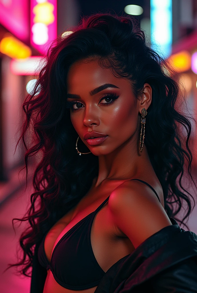 dark skin woman, with long curly hair, at a party